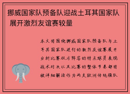 挪威国家队预备队迎战土耳其国家队 展开激烈友谊赛较量