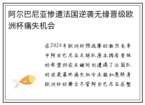 阿尔巴尼亚惨遭法国逆袭无缘晋级欧洲杯痛失机会