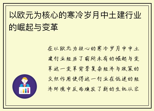 以欧元为核心的寒冷岁月中土建行业的崛起与变革
