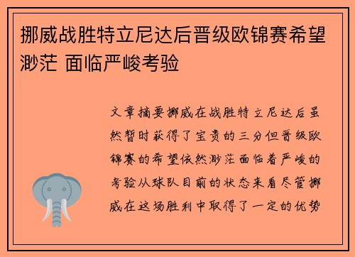 挪威战胜特立尼达后晋级欧锦赛希望渺茫 面临严峻考验