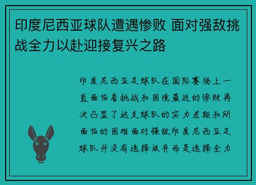 印度尼西亚球队遭遇惨败 面对强敌挑战全力以赴迎接复兴之路