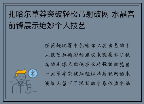 扎哈尔草莽突破轻松吊射破网 水晶宫前锋展示绝妙个人技艺