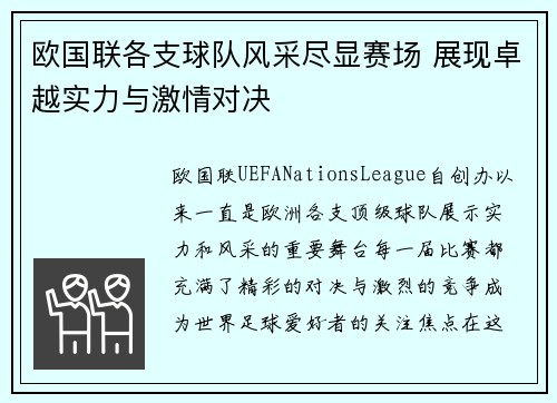 欧国联各支球队风采尽显赛场 展现卓越实力与激情对决