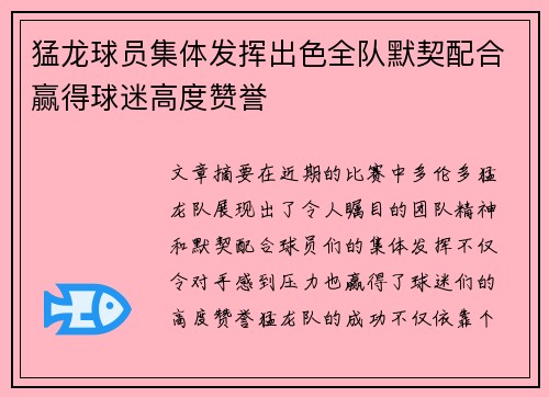 猛龙球员集体发挥出色全队默契配合赢得球迷高度赞誉