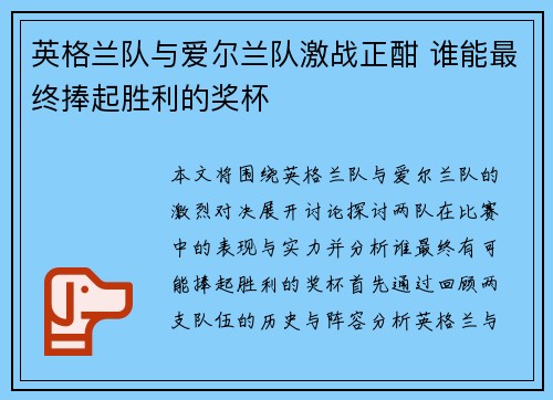 英格兰队与爱尔兰队激战正酣 谁能最终捧起胜利的奖杯